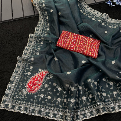 Ethina Fashion Embroidered Bollywood Jimmy choo Saree(Dark Blue)