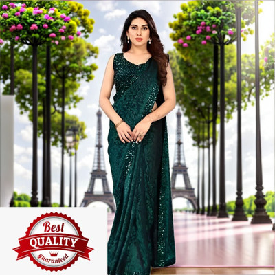 Vragi Solid/Plain Bollywood Lycra Blend Saree(Dark Green)