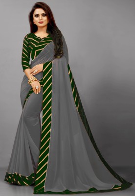 SM TRENDZ Solid/Plain Bollywood Georgette, Cotton Silk Saree(Green, Grey)