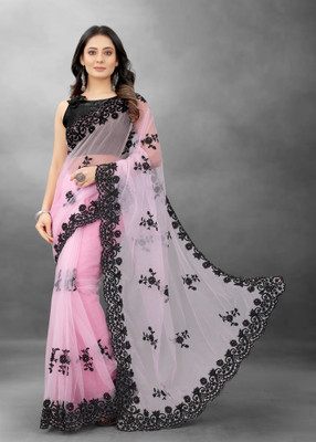 Barkiya Creation Embroidered Bollywood Net Saree(Pink)