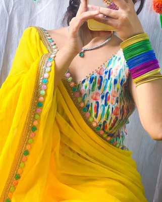 p varity Digital Print Lucknow Chikankari Art Silk, Lycra Blend Saree(Yellow, Beige)