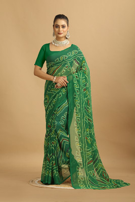 Damru trendz Digital Print Bandhani Georgette Saree(Green)