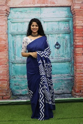 NaiNath Fab Blocked Printed, Color Block, Dyed, Floral Print, Printed Daily Wear Pure Cotton Saree(Blue)