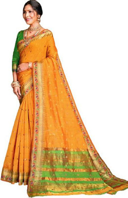 gk glo Self Design Bollywood Silk Blend Saree(Orange)