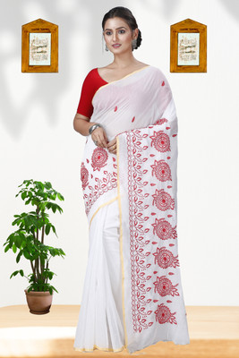 GitAsit Embroidered Handloom Cotton Blend Saree(White)