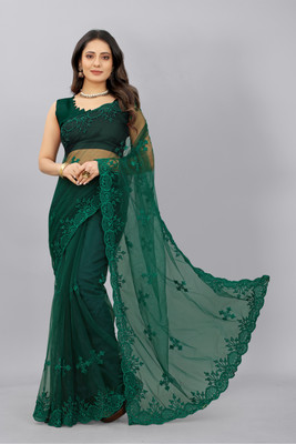 Barkiya Creation Embroidered Bollywood Net Saree(Green)