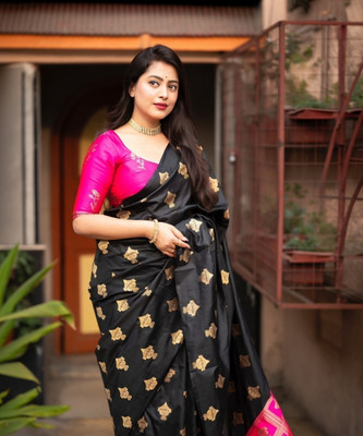 Bansari Textiles Woven, Self Design, Striped, Applique, Solid/Plain, Dyed Bollywood Art Silk, Jacquard Saree(Pink, Black)