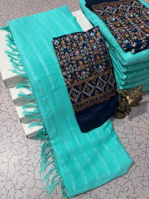 Pfancy silk Striped, Embroidered, Floral Print, Embellished Kanjivaram Polyester Saree(Light Blue)
