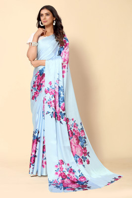 HERE&NOW Floral Print Bollywood Satin Saree(Light Blue)