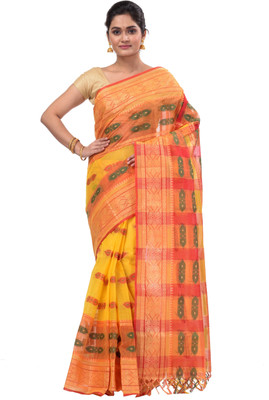 DipDiya Checkered Tant Pure Cotton Saree(Yellow, Red)