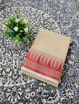 Ss sarees Temple Border, Woven Banarasi Cotton Silk Saree(Beige, Red)