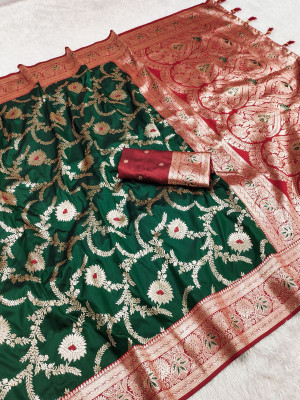 Tasrika Woven Banarasi Cotton Silk Saree(Green)
