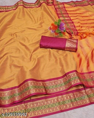 VRUNDA FASHION CLUB Solid/Plain Gadwal Jacquard Saree(Mustard)