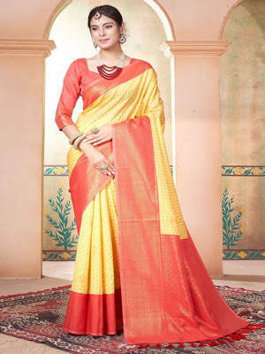 ANOUK Woven Kanjivaram Silk Blend Saree(Yellow)
