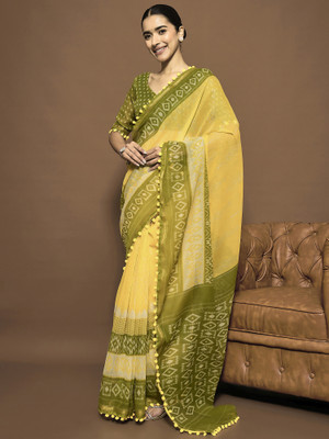 Divastri Printed Ikkat Cotton Blend Saree(Yellow)