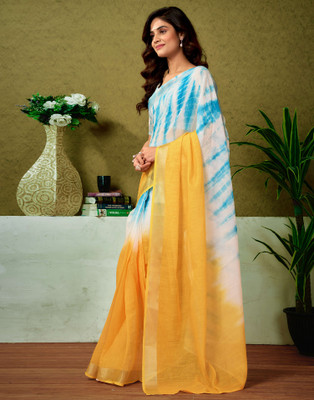 Samah Color Block Bollywood Linen Saree(Yellow, Blue)
