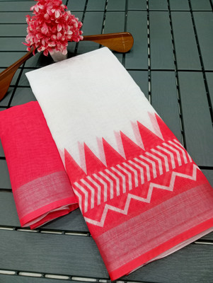 AARAANA Woven, Self Design, Geometric Print Kanjivaram Linen Saree(White)