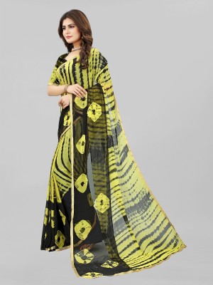 KV Fashion Hand Painted Bollywood Chiffon Saree(Yellow, Black)