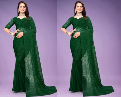 online bazaarr Self Design Bollywood Net Saree(Pack of 2, Green)