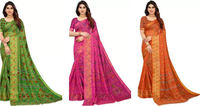 Vimalnath Synthetics Printed Bollywood Cotton Silk Saree(Pack of 3, Multicolor)