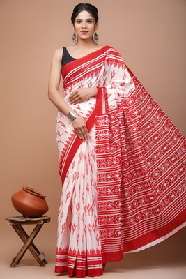 AARTI FASHION Printed, Blocked Printed, Floral Print Ikkat Pure Cotton Saree(White, Blue)