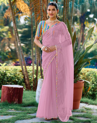 SIRIL Dyed, Embellished, Self Design Bollywood Net, Lace Saree(Pink)