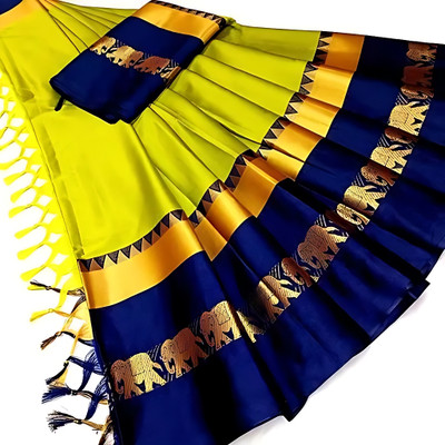 MoonTextile Temple Border Assam Silk Cotton Silk Saree(Blue)