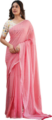 Sampa Das Solid/Plain Handloom Cotton Blend Saree(Pink)