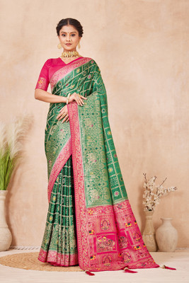 Heirlooms Woven, Self Design Banarasi Pure Silk Saree(Pink, Green)