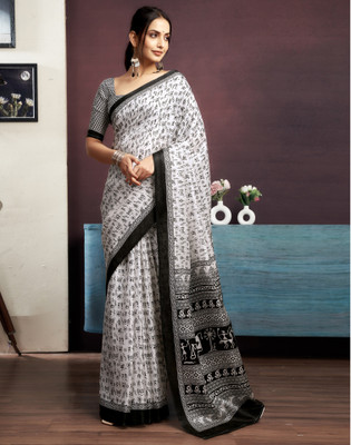 Samah Geometric Print, Printed Bhagalpuri Khadi Saree(White, Black)
