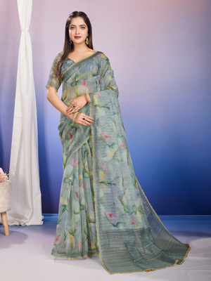 Tasrika Floral Print, Printed Bollywood Organza Saree(Green)