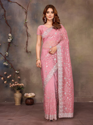 VIJAYAVALLABH Embroidered Bollywood Net Saree(Pink)