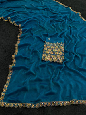 V AMAN FASHION Solid/Plain, Self Design Bollywood Chiffon Saree(Blue)