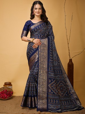 Divastri Printed Bandhani Silk Blend Saree(Dark Blue)