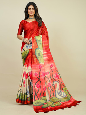 Tasrika Printed Daily Wear Tussar Silk Saree(Red)