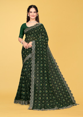 MAN PRIYA TRENDZ Animal Print Bandhani Georgette Saree(Green)