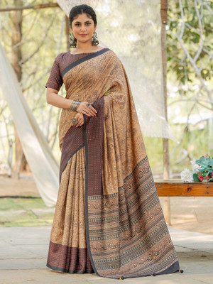 Tasrika Printed Hand Batik Silk Blend Saree(Beige)