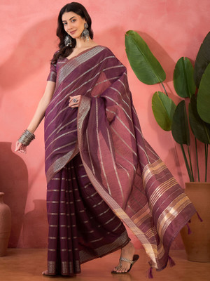 Sangria Self Design Saree with Attached Blouse Organza Saree(Purple)