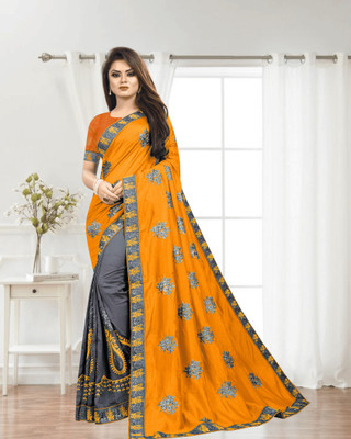 SHOBHTESH Embroidered, Self Design Madhubani Silk Blend, Net Saree(Mustard, Grey)