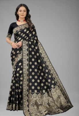 fFASHION Woven Banarasi Jacquard, Pure Silk Saree(Black)