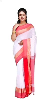 Amita Collections Woven Handloom Pure Cotton Saree(White)