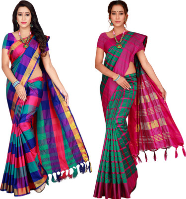 Shaibo saree Checkered Bollywood Cotton Silk Saree(Pack of 2, Multicolor)