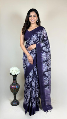 Banarashe Floral Print, Printed Banarasi Georgette Saree(Dark Blue)