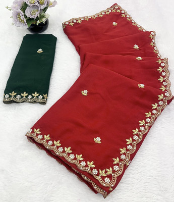 KanjiQueen Self Design, Embellished, Embroidered Saree with Attached Blouse Chiffon, Silk Blend Saree(Red, Dark Green)