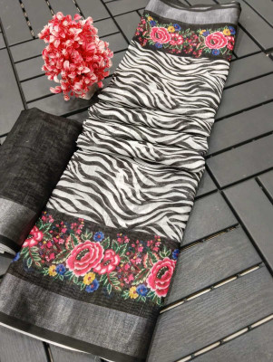 HouseOfCommon Printed Kanjivaram Cotton Linen, Pure Cotton Saree(Black)