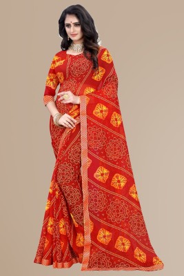 Kanooda Prints Printed Bandhani Georgette Saree(Red, Maroon)