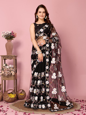 Sofisty Embroidered Bollywood Net Saree(Black)