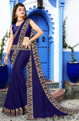 Suvali Fashion Solid/Plain Banarasi Lycra Blend, Chiffon Saree(Dark Blue, Blue)