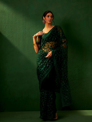 Sangria Embroidered Kalamkari Net Saree(Green)