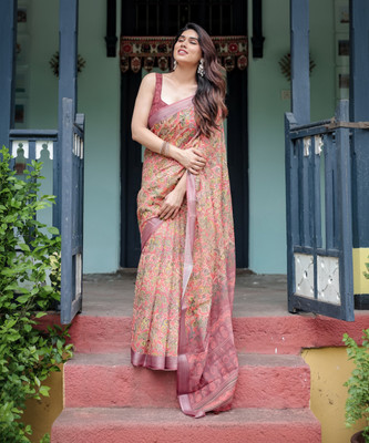 maharani couture Digital Print Bollywood Cotton Linen Saree(Yellow)